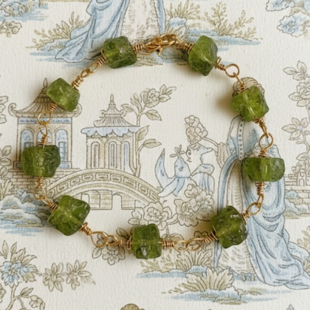 Nature's Raw Peridot In Classic Bohemian Bracelet In Gold Plated